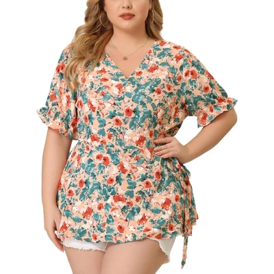 Agnes Orinda Women's Plus Size Blouse Floral Ruffle Sleeve Faux Wrap Peplum Top 6 Agnes Orinda Women's Plus Size Blouse Floral Ruffle Sleeve Faux Wrap Peplum Top - Image 6