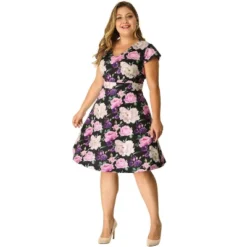 Agnes Orinda Women's Plus Size Deep V Neck Above Knee Cap Sleeve Floral Dress -Agnes Sales Store GUEST fbd8e373 4454 462a b5b9 381173b459ae