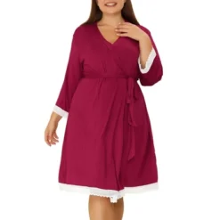 Agnes Orinda Women's Plus Size Solid Wrap Tie Belt Waist Lace Trim 3/4 Sleeve Pajama Robes