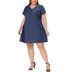 Agnes Orinda Women's Plus Size Solid Pleat V Neck Chambray Dress -Agnes Sales Store GUEST fc2dab12 2127 4176 bd7b 993a4c464bc8