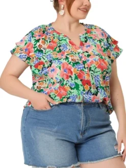 Agnes Orinda Women's Plus Size Floral Ruffle Trim V Neck Layered Sleeve Blouse -Agnes Sales Store GUEST fda2e35a 5311 4ac9 999a 01141acbb9ee