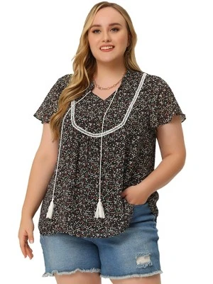 Agnes Orinda Women's Plus Size Bib Peasant Ditsy Floral Tie Neck Keyhole Chiffon Blouse 2 Agnes Orinda Women's Plus Size Bib Peasant Ditsy Floral Tie Neck Keyhole Chiffon Blouse - Image 2