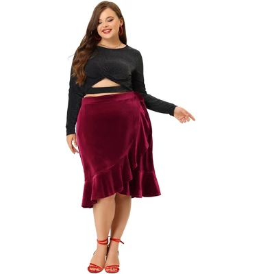 Agnes Orinda Women's Plus Size Skirt Ruffled Hem Velvet Wrap Skirts 2 Agnes Orinda Women's Plus Size Skirt Ruffled Hem Velvet Wrap Skirts - Image 2