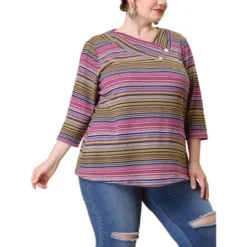 Agnes Orinda Women' S Plus Size 3/4 Sleeve V Neck Stripe Boho Knit Casual Blouse -Agnes Sales Store GUEST fe920e0a b63b 4e8e 93af f6e512a3da02