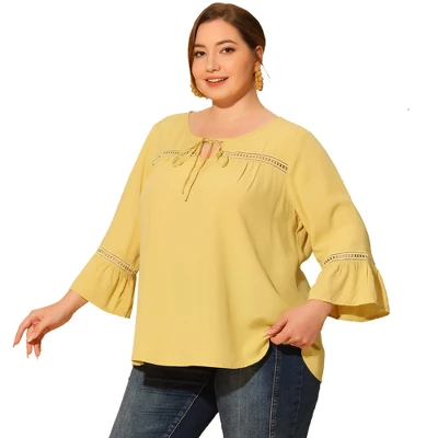 Agnes Orinda Women's Plus Size Holiday 3/4 Flare Sleeve Peasant Keyhole Tie Boho Blouse 2 Agnes Orinda Women's Plus Size Holiday 3/4 Flare Sleeve Peasant Keyhole Tie Boho Blouse - Image 2