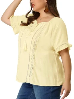 Agnes Orinda Women's Plus Size Lace Hollow Out Ruffle Boho Blouse