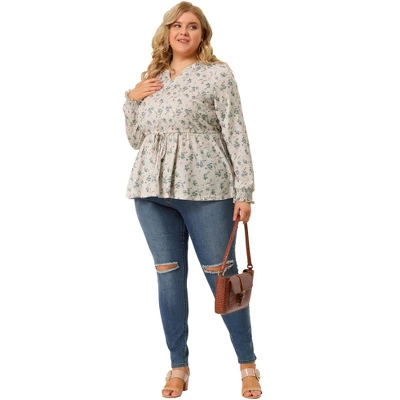 Agnes Orinda Women's Plus Size Floral Ruffle Neck Drawstring Waist Long Sleeve Peplum Tops 2 Agnes Orinda Women's Plus Size Floral Ruffle Neck Drawstring Waist Long Sleeve Peplum Tops - Image 2