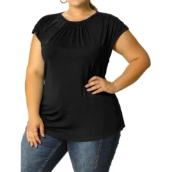 Agnes Orinda Women's Plus Size Round Neck Ruched Short Sleeve Summer Casual Blouses -Agnes Sales Store GUEST fff02059 58f7 4773 9c7f f1400e4b9de4
