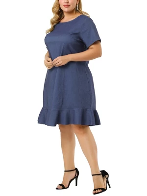 Agnes Orinda Women's Plus Size Cross Back Ruffle Hem Formal Chambray Dresses 1 Agnes Orinda Women's Plus Size Cross Back Ruffle Hem Formal Chambray Dresses